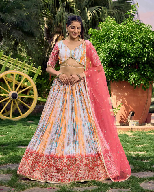 Rosafarbener Designer-Lehenga mit mehrfarbiger Pailletten- und Zari-Stickerei, mit Digitaldruck