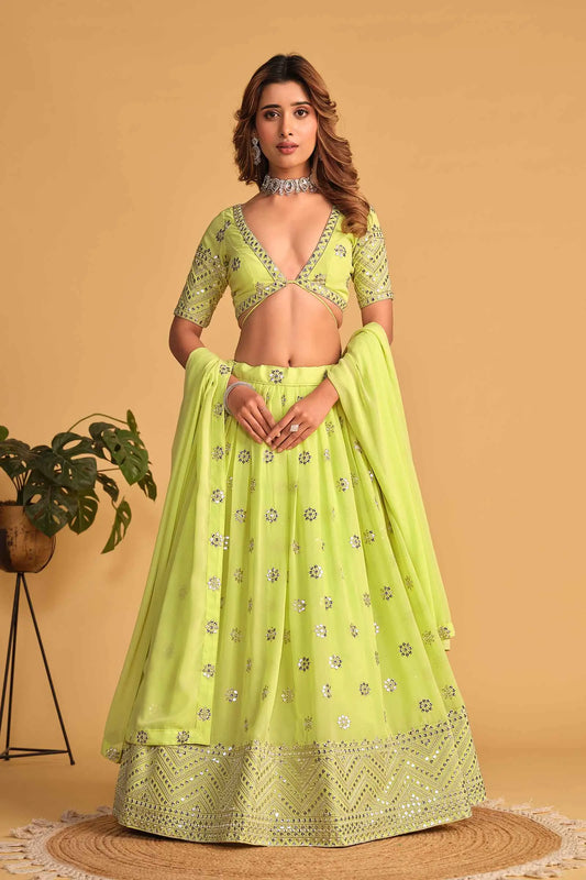 Neon green georgette lehenga with sequin and zari embroidery