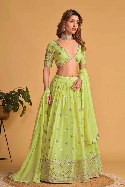 Neon green georgette lehenga with sequin and zari embroidery