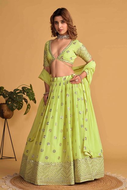 Neon green georgette lehenga with sequin and zari embroidery