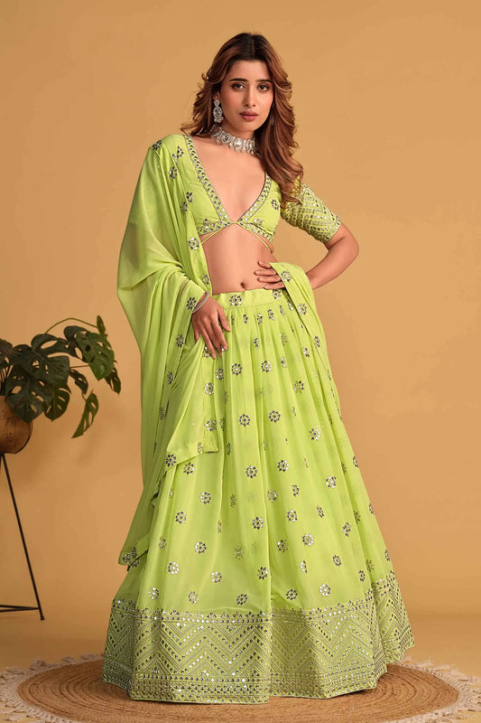 Neon green georgette lehenga with sequin and zari embroidery