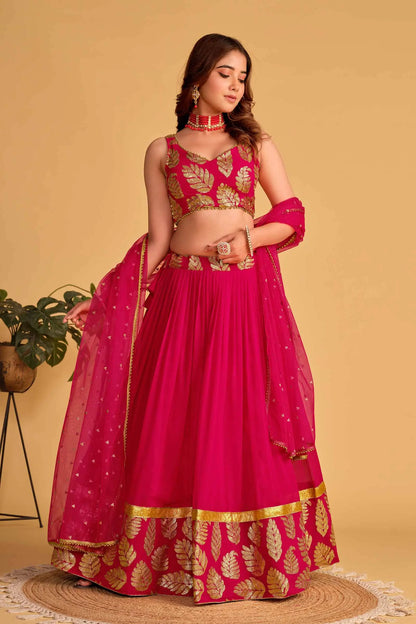 Designer lehenga in pink georgette, adorned with sequin and zari embroidery