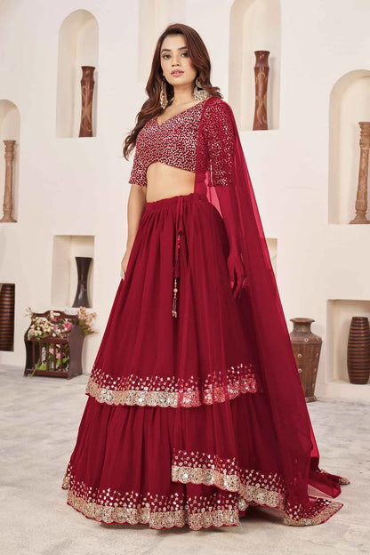 Lehenga Designer Rouge en Georgette avec Broderie Sequins et Zari
