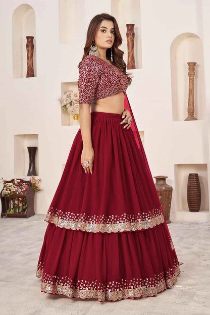Lehenga Designer Rouge en Georgette avec Broderie Sequins et Zari