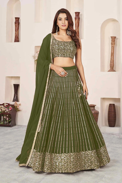 Lehenga vert olive foncé en georgette avec broderies de sequins et fils zari