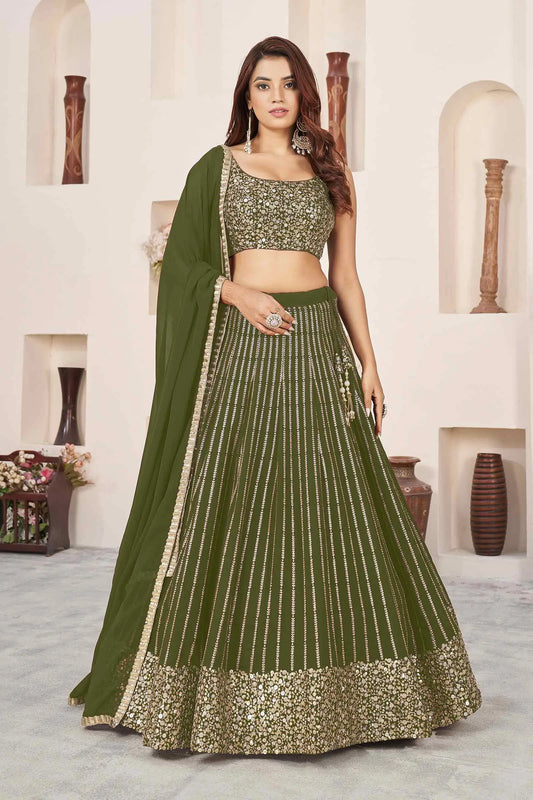 Lehenga vert olive foncé en georgette avec broderies de sequins et fils zari