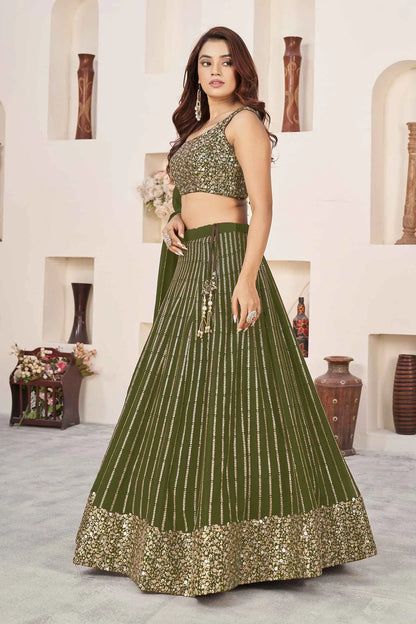 Lehenga vert olive foncé en georgette avec broderies de sequins et fils zari