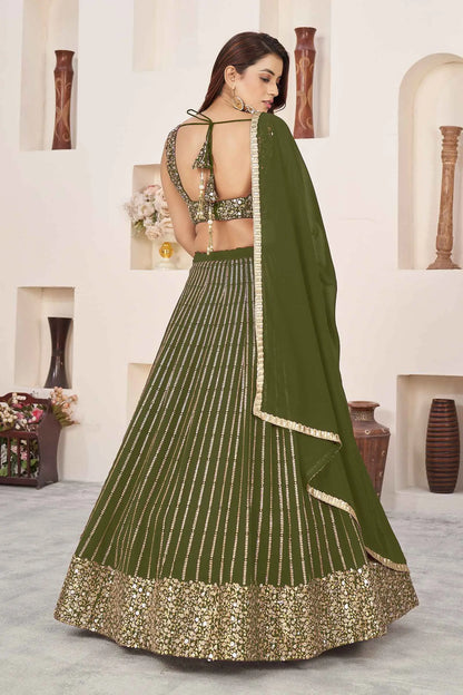 Lehenga vert olive foncé en georgette avec broderies de sequins et fils zari