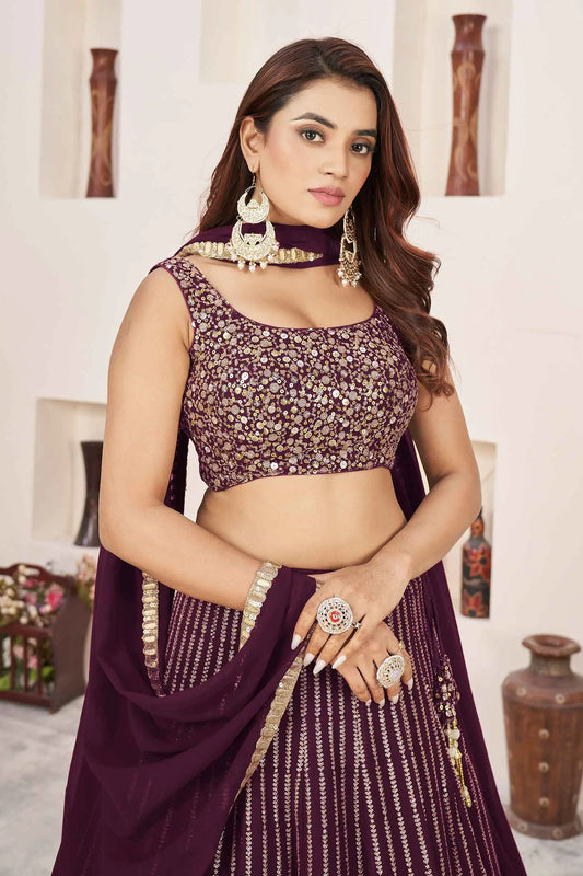 Lehenga Choli en Georgette Bordeaux avec Broderies Sequins et Zari