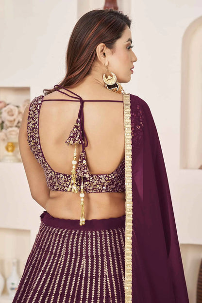 Lehenga Choli en Georgette Bordeaux avec Broderies Sequins et Zari
