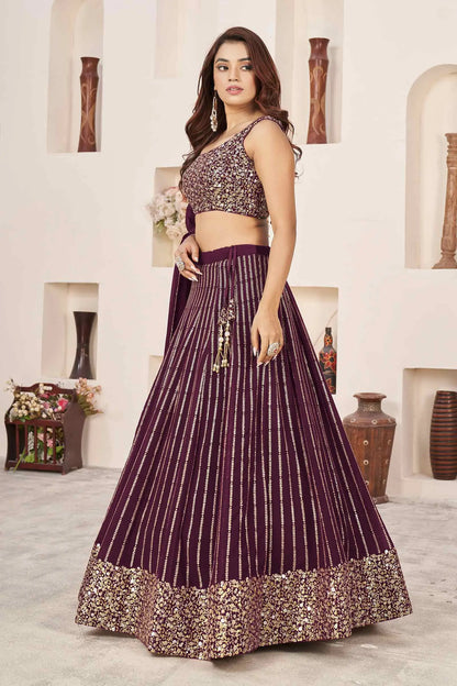 Lehenga Choli en Georgette Bordeaux avec Broderies Sequins et Zari
