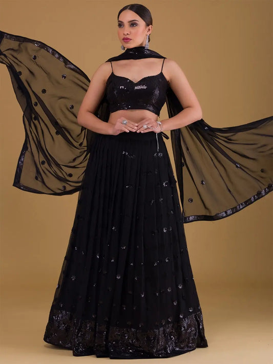 Schwarzer Designer-Abend-Lehenga mit Paillettenstickerei