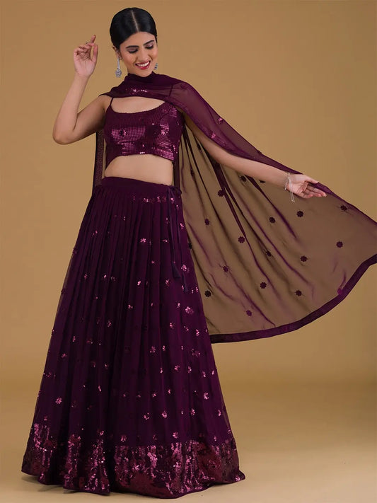 Designer-Abend-Lehenga in Traubenlila mit Pailletten-Stickerei