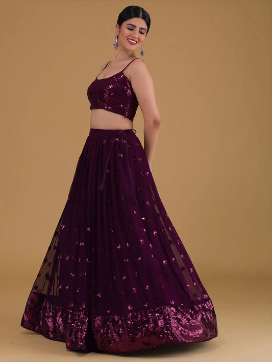 Designer-Abend-Lehenga in Traubenlila mit Pailletten-Stickerei