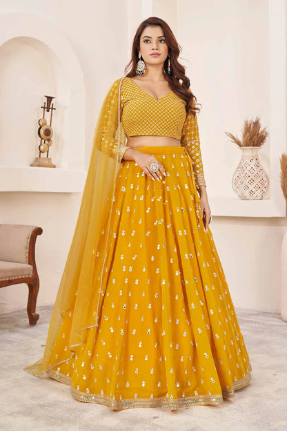 Lehenga Choli en Georgette Jaune avec Fils Multicolores et Broderies à Sequins
