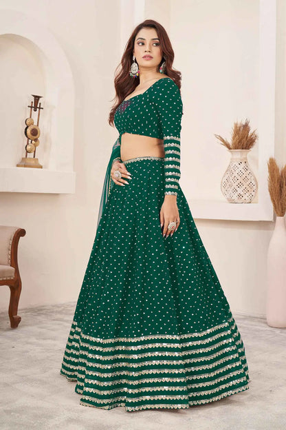 Lehenga vert-bleu foncé en georgette avec broderies en sequins et fils zari