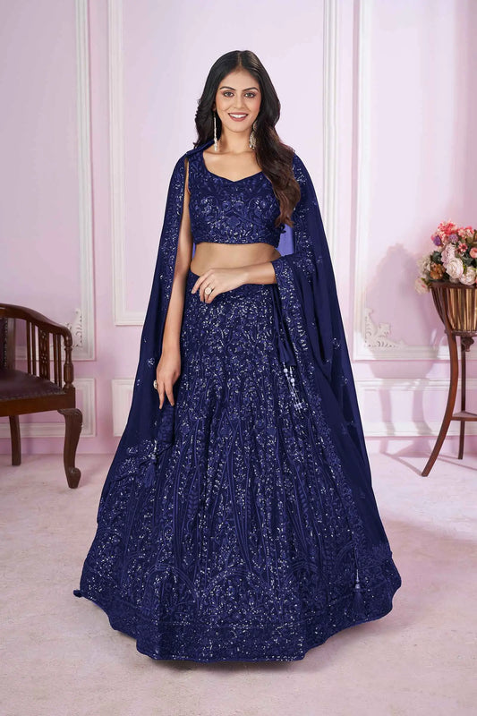 Navy blue georgette lehenga with sequin and thread embroidery PRISHA COLLECTION