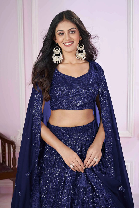 Navy blue georgette lehenga with sequin and thread embroidery PRISHA COLLECTION