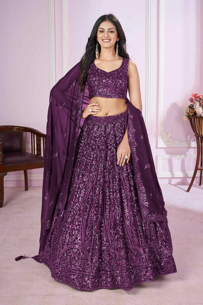 Dark Purple Georgette Lehenga with Sequin and Thread Embroidery PRISHA COLLECTION