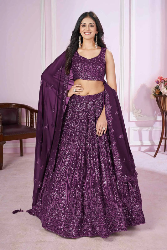 Dark Purple Georgette Lehenga with Sequin and Thread Embroidery PRISHA COLLECTION