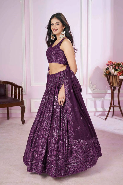 Dark Purple Georgette Lehenga with Sequin and Thread Embroidery PRISHA COLLECTION