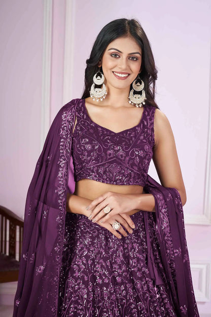 Dark Purple Georgette Lehenga with Sequin and Thread Embroidery PRISHA COLLECTION