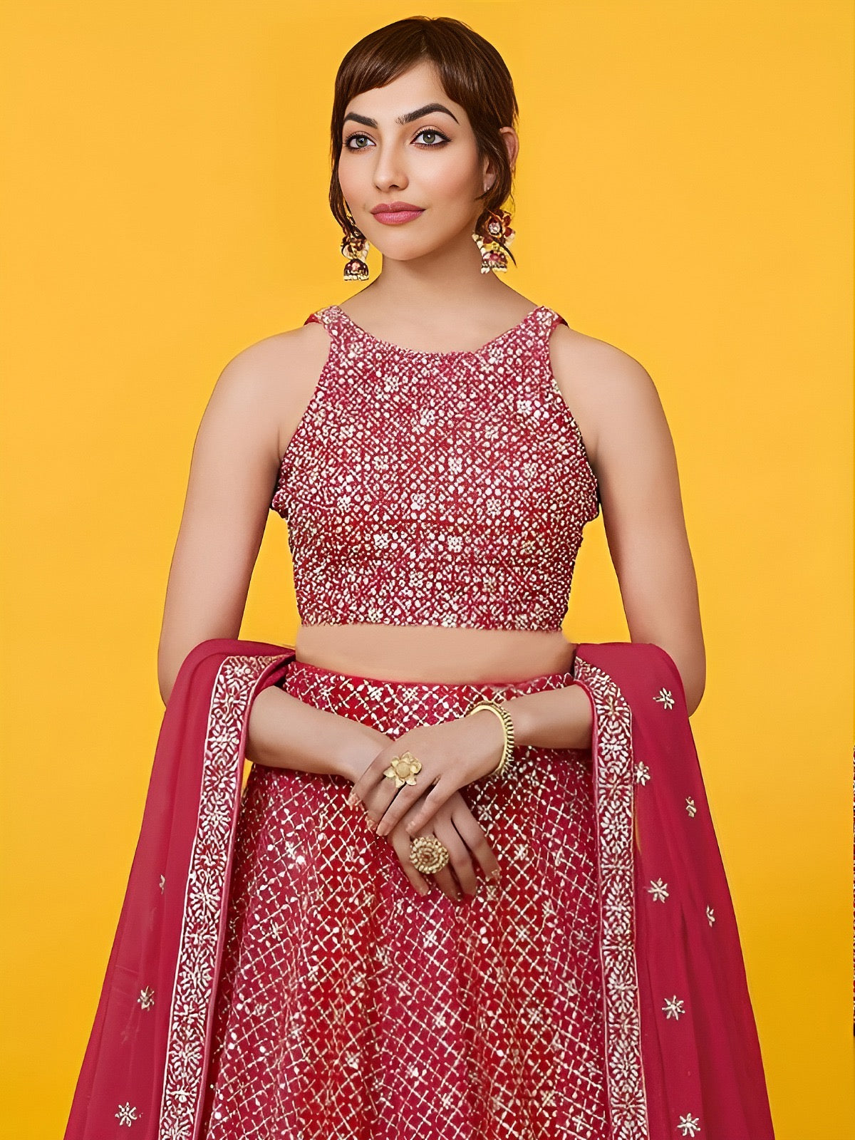 Lehenga rouge en georgette léger avec broderies zari