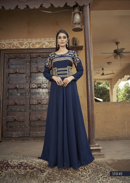 Marineblaues langärmliges Kurta-Oberteil mit Maslin-Stickerei