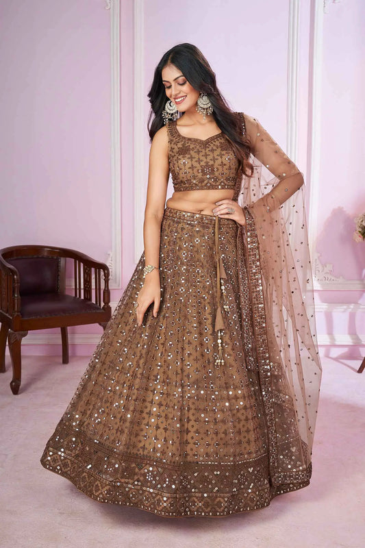 Brown Soft Tulle Lehenga with Sequin and Thread Embroidery Work PRISHA COLLECTION