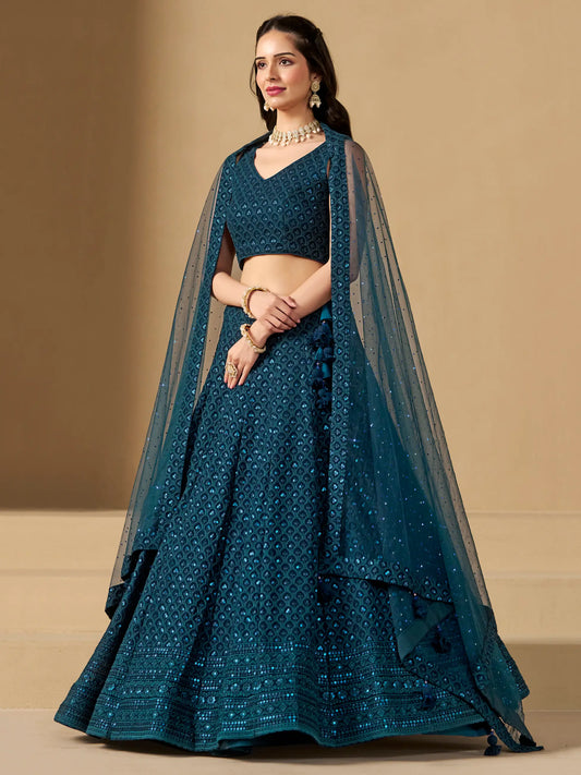 Üppiger blaugrüner Georgette-Lehenga mit Paillettenstickerei und Dupatta
