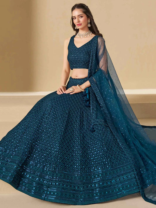 Üppiger blaugrüner Georgette-Lehenga mit Paillettenstickerei und Dupatta