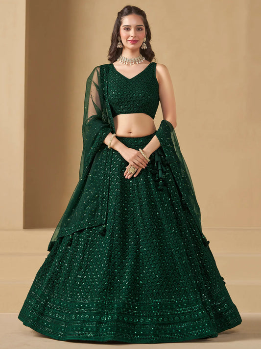 Lehenga de soirée vert foncé somptueux avec broderie en sequins et dupatta