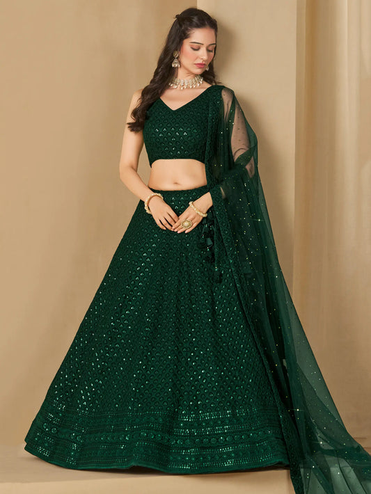 Üppiger dunkelgrüner Abend-Lehenga mit Paillettenstickerei und Dupatta