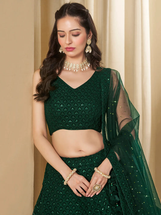 Üppiger dunkelgrüner Abend-Lehenga mit Paillettenstickerei und Dupatta