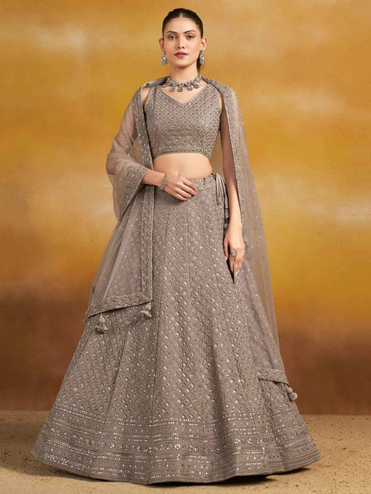 Üppiger grauer Abend-Lehenga mit Paillettenstickerei und Dupatta