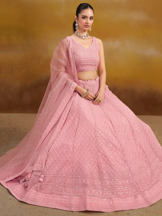 Üppiger hellrosa Georgette-Lehenga mit Paillettenstickerei und Dupatta