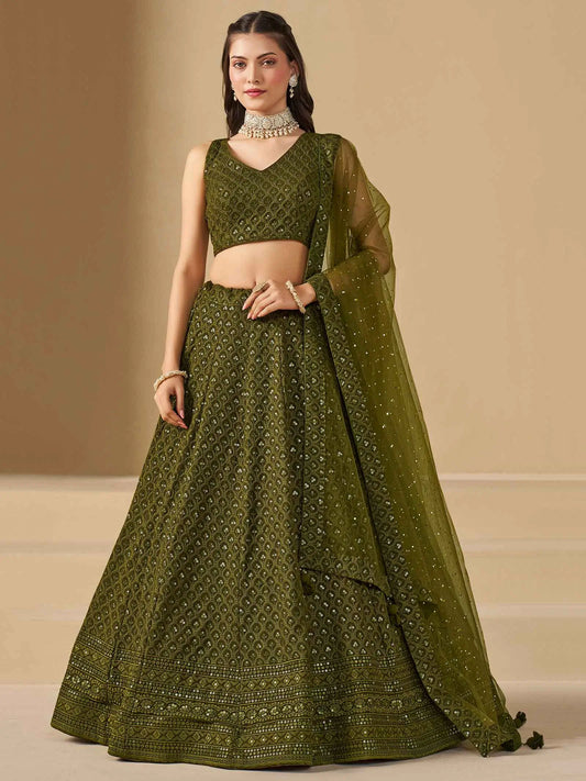 Üppiger hennagrüner Lehenga mit Paillettenstickerei und Dupatta