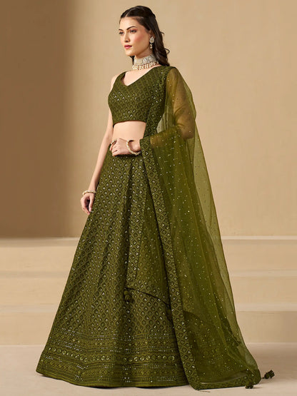 Lavish henna green lehenga with sequin embroidery and dupatta