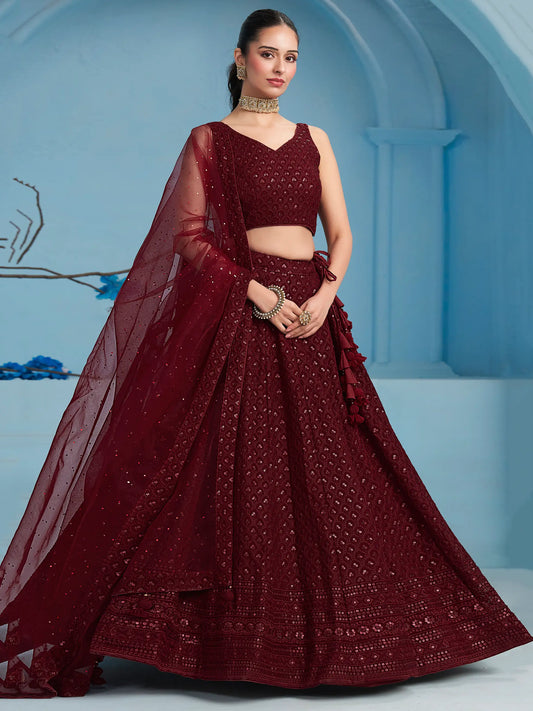 Üppiger burgunderfarbener Lehenga mit Paillettenstickerei und Dupatta
