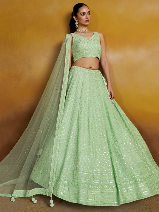 Lehenga vert menthe somptueux clair avec broderie en sequins et dupatta