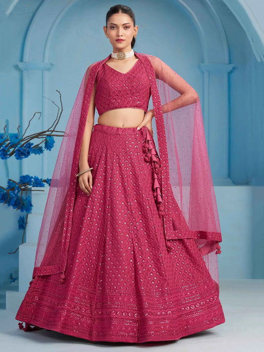Üppiger Barbie Puderrosa Lehenga für den Abend mit Paillettenstickerei und Dupatta