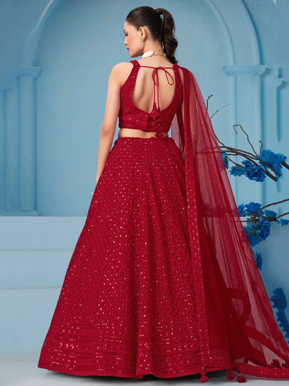 Lehenga rouge de soirée avec broderie de sequins et dupatta assorti