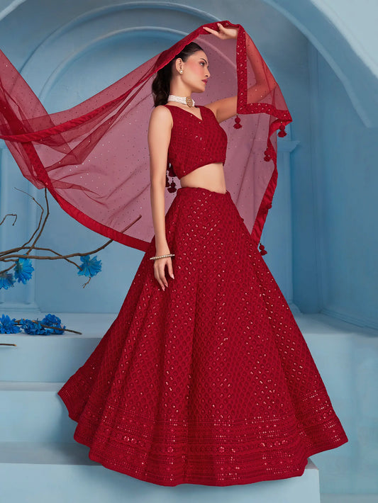 Lehenga rouge de soirée avec broderie de sequins et dupatta assorti