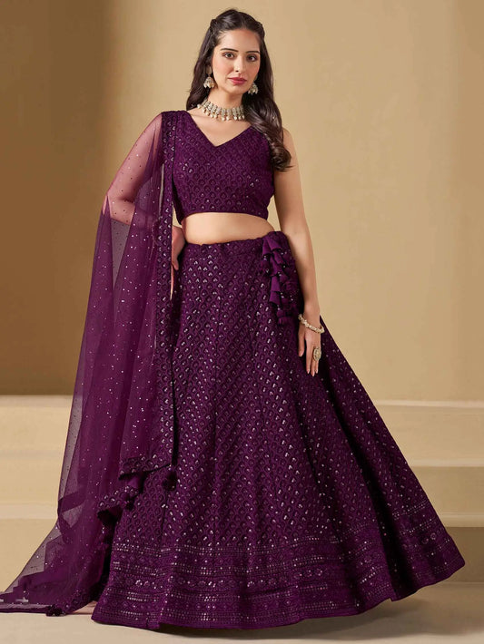 Üppiger traubenvioletter Abend-Lehenga mit Paillettenstickerei und Dupatta