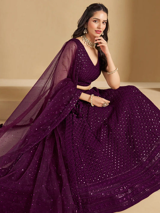 Üppiger traubenvioletter Abend-Lehenga mit Paillettenstickerei und Dupatta