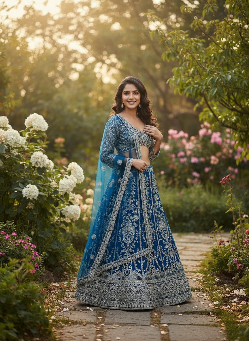 Lehenga bleu minuit somptueux en butterfly net avec broderies de sequins