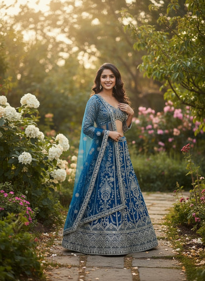 Lehenga bleu minuit somptueux en butterfly net avec broderies de sequins