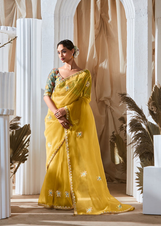 Grüner Glasseiden-Sari mit mehrfarbiger roter Blumenbluse und Digitaldruck, Pailletten- und Fadenstickerei