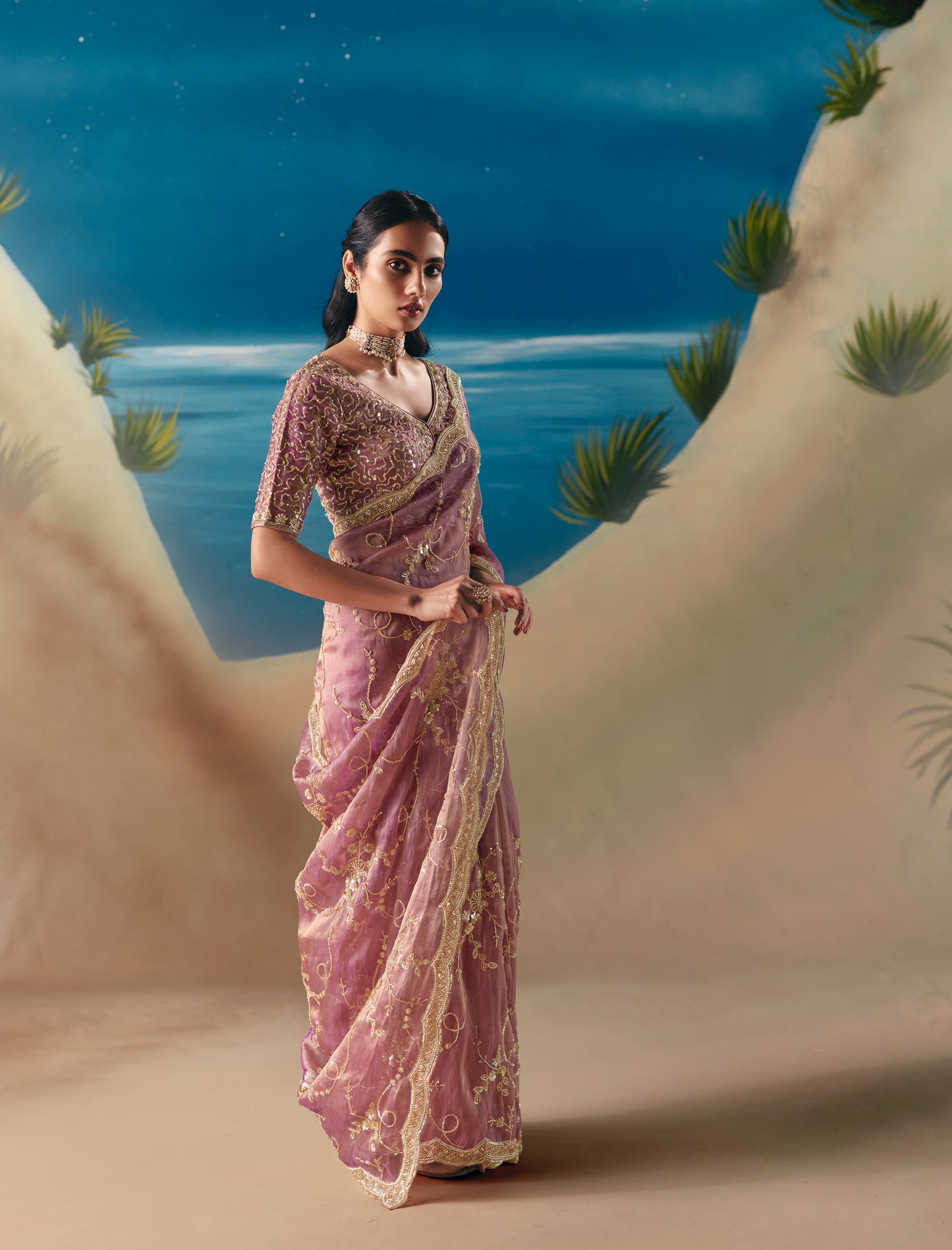 Green glass silk sari with multi-colored red floral blouse and digital print, sequin and thread embroidery