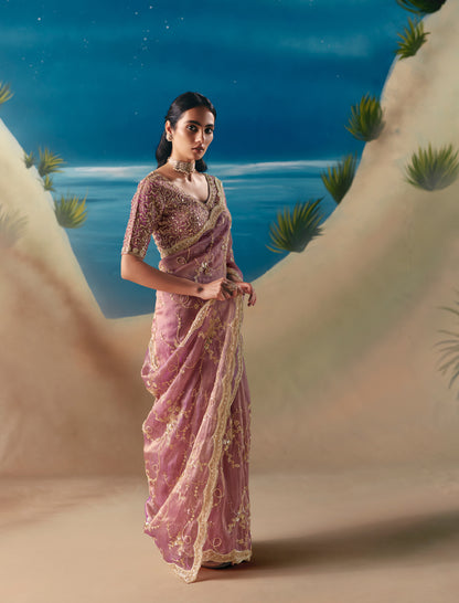 Green glass silk sari with multi-colored red floral blouse and digital print, sequin and thread embroidery